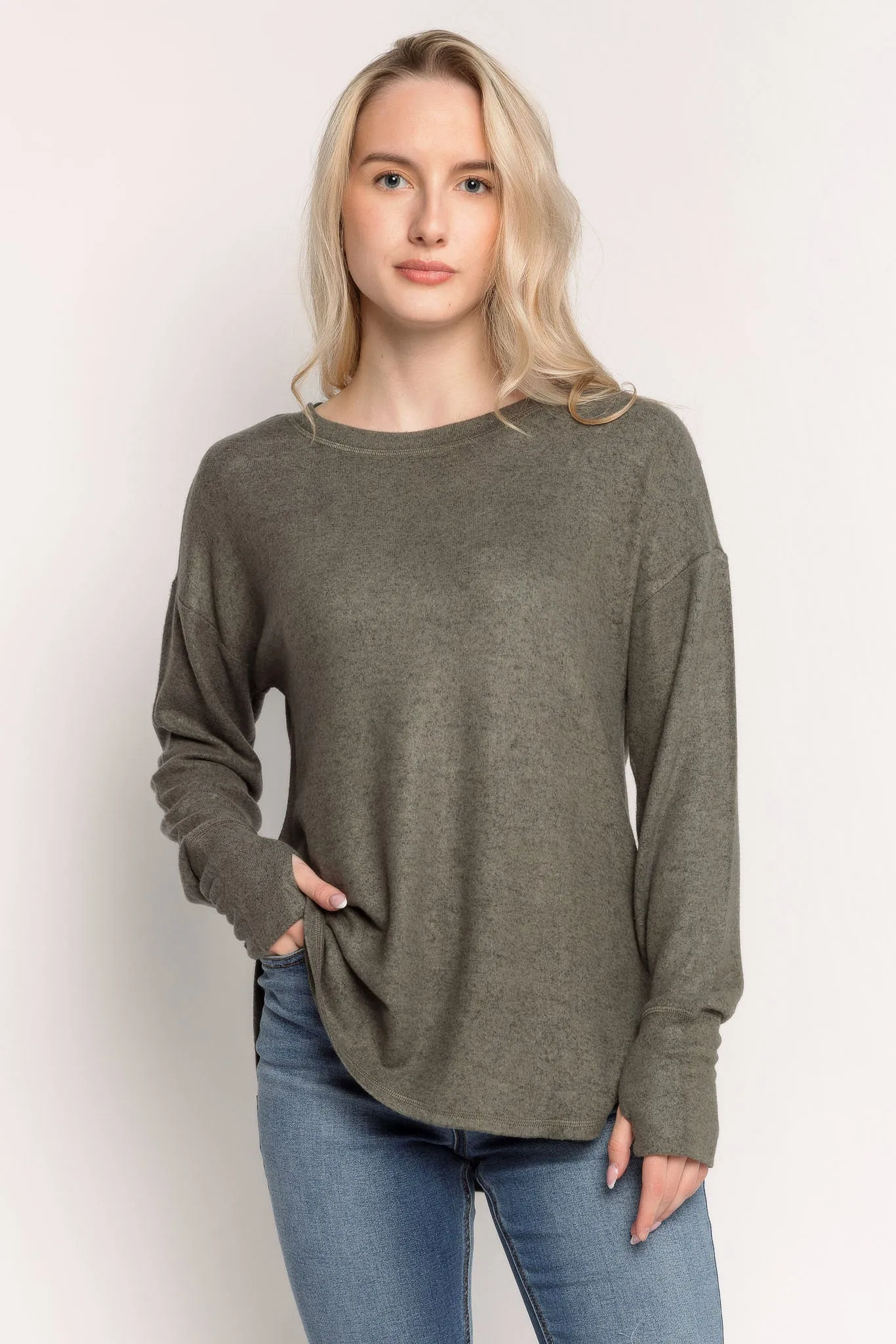 Long Sleeve Crew-Neck Supersoft Sweater with Thumbholes