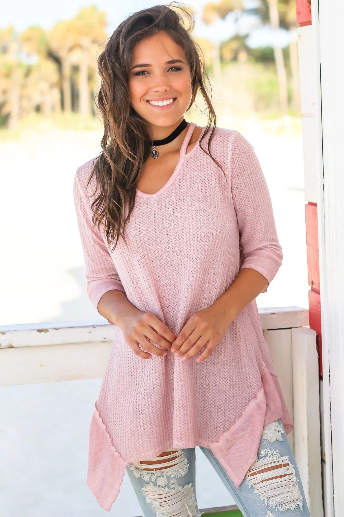 Mauve Knit Tunic with Cut Outs