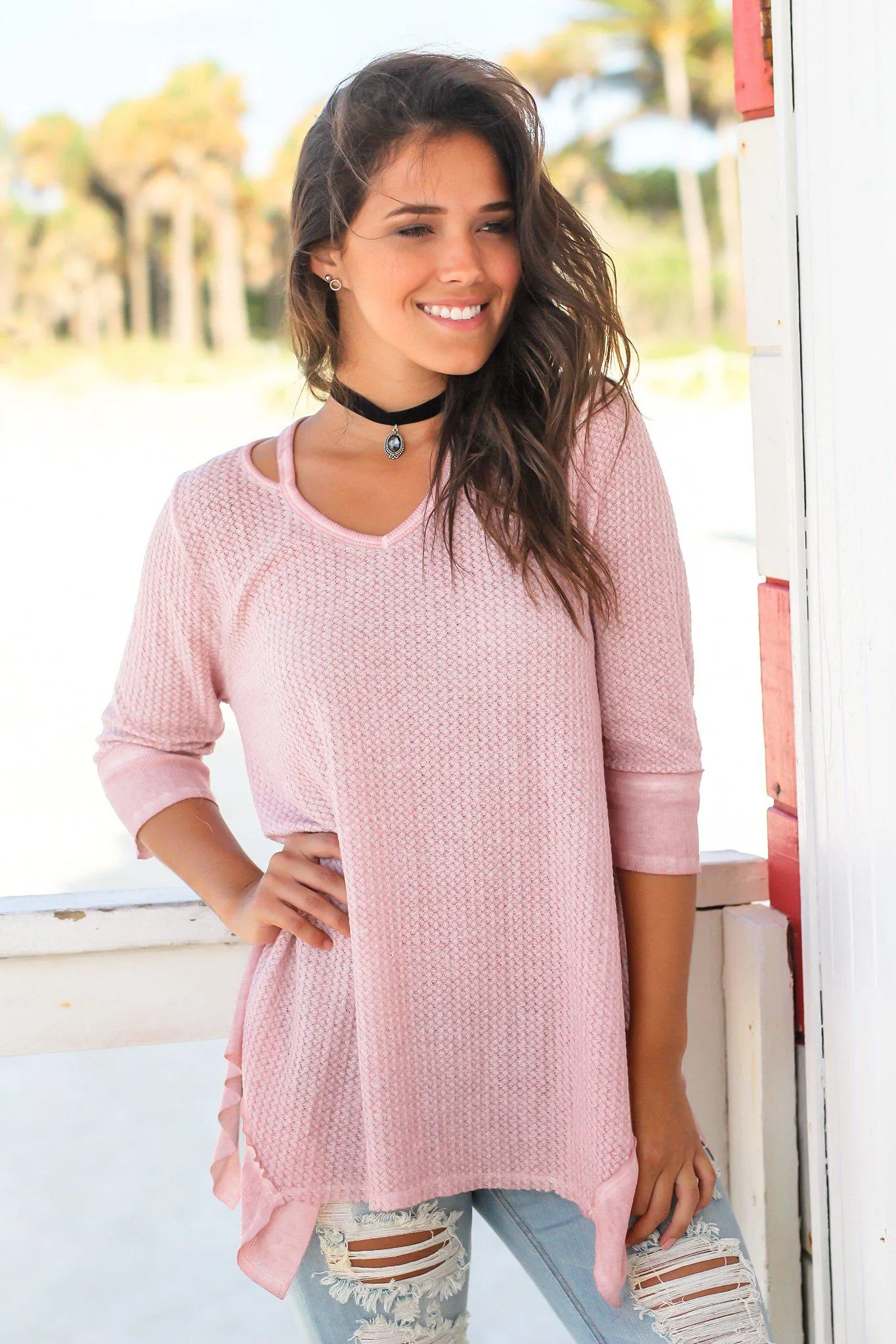 Mauve Knit Tunic with Cut Outs