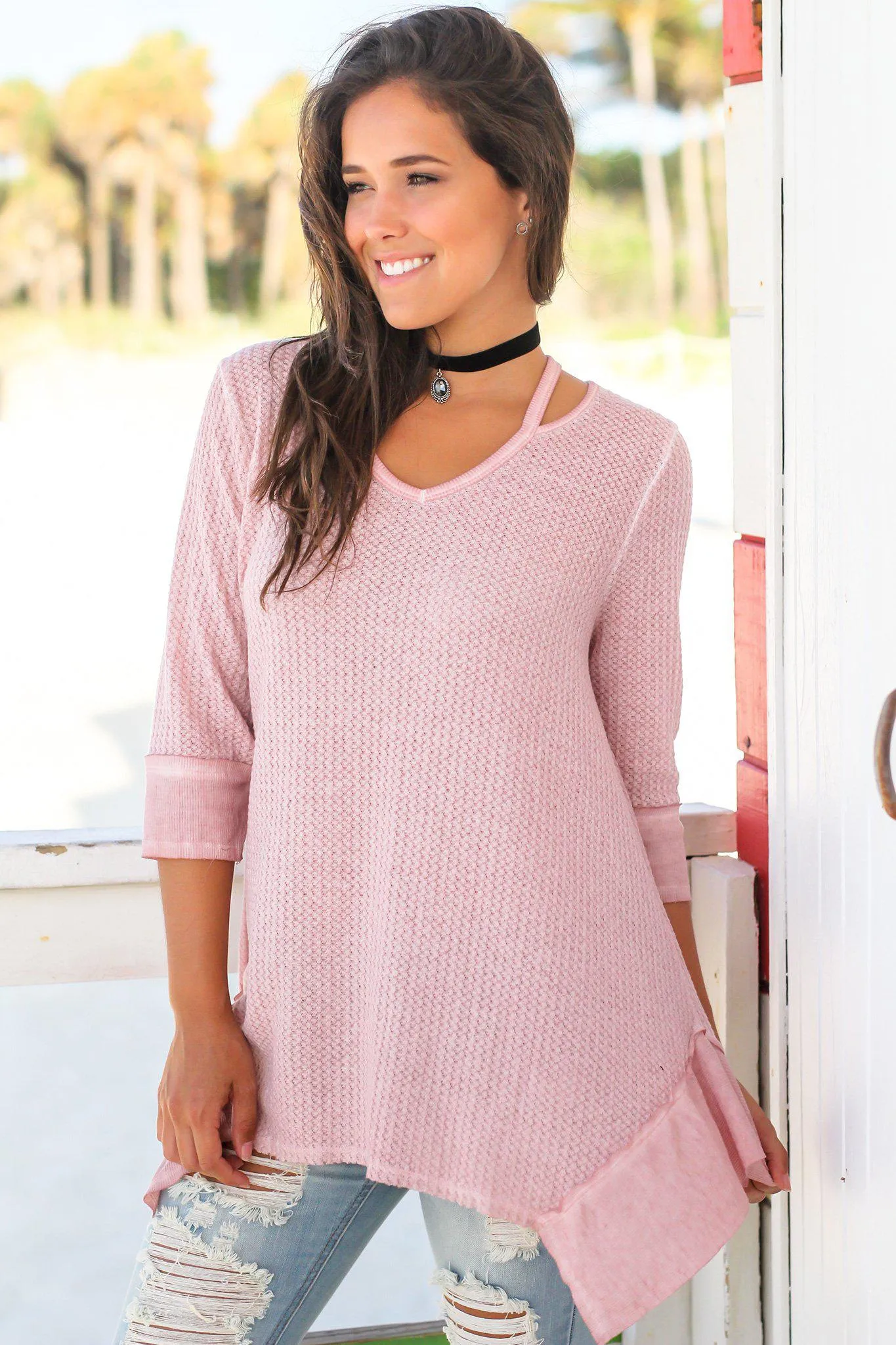 Mauve Knit Tunic with Cut Outs