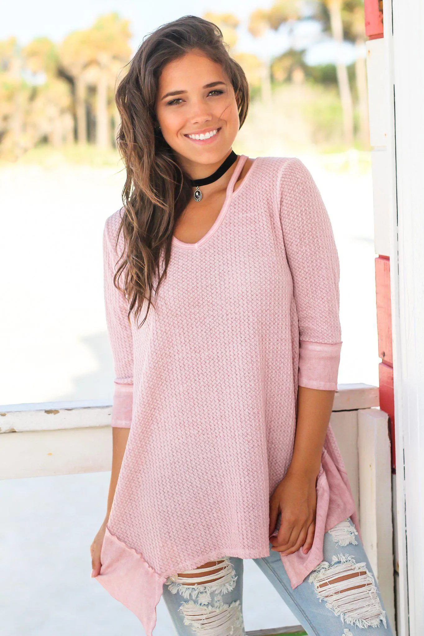 Mauve Knit Tunic with Cut Outs