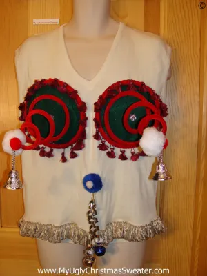 Mens Naughty Tacky Ugly Christmas Sweater Vest with Funny Springy 3D Accents and Fringe and Dangling Balls Jingle Bells (r41)