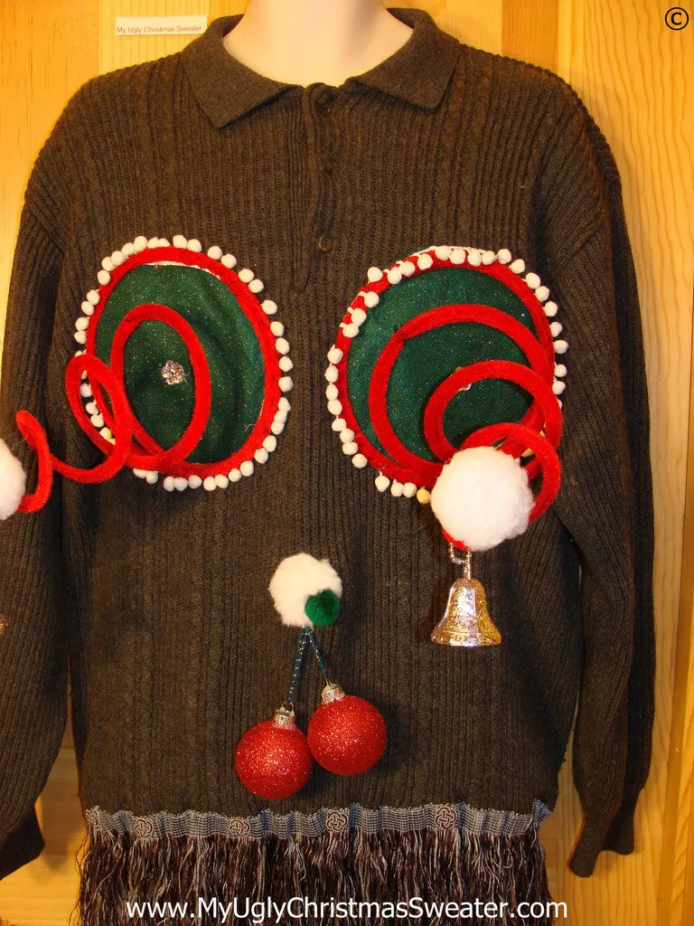 Mens Naughty Tacky Ugly Christmas Sweater with Funny Springy 3D Accents and Fringe and Dangling Balls Glitter Ornaments (r36)