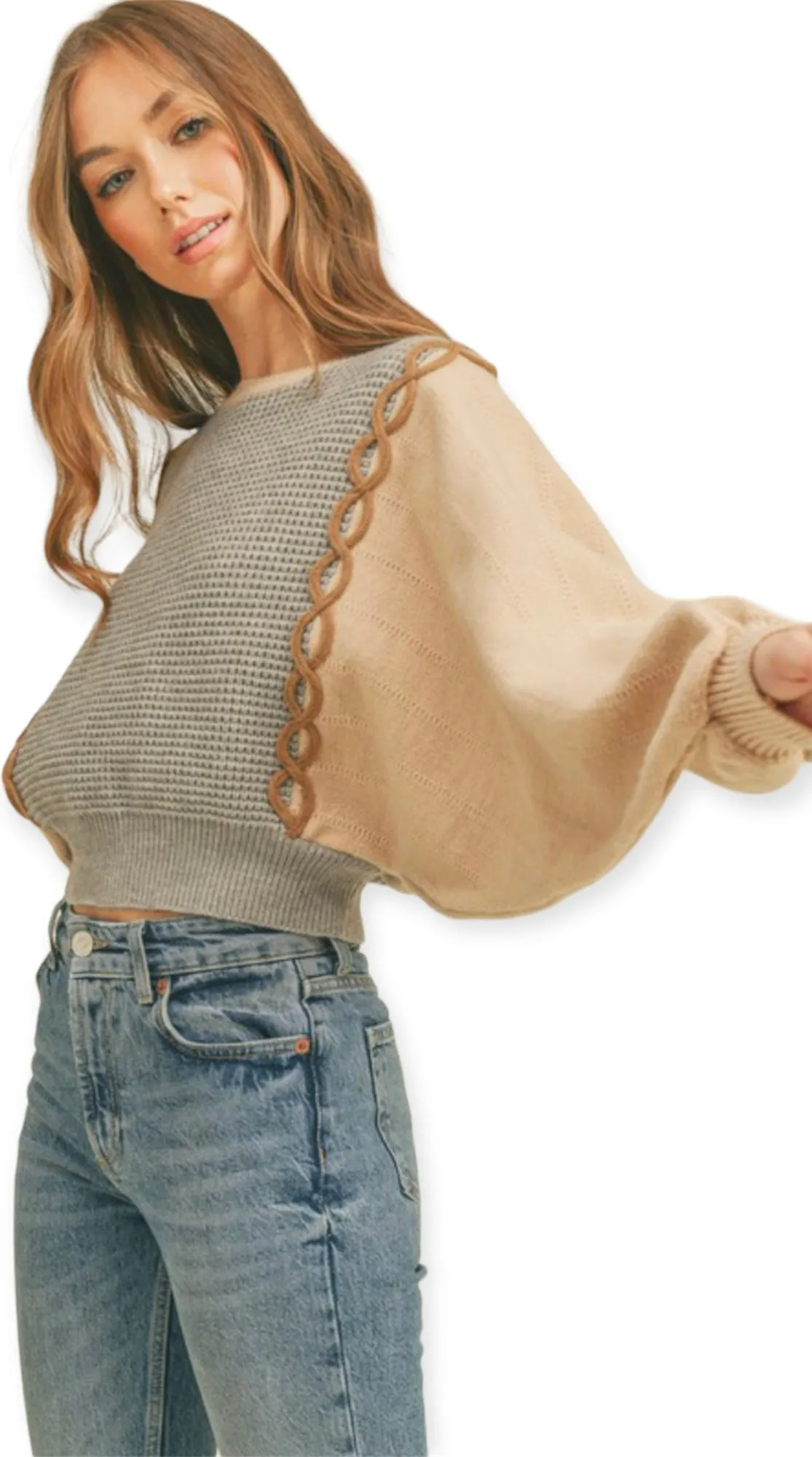 Mixed Knit Batwing Sweater