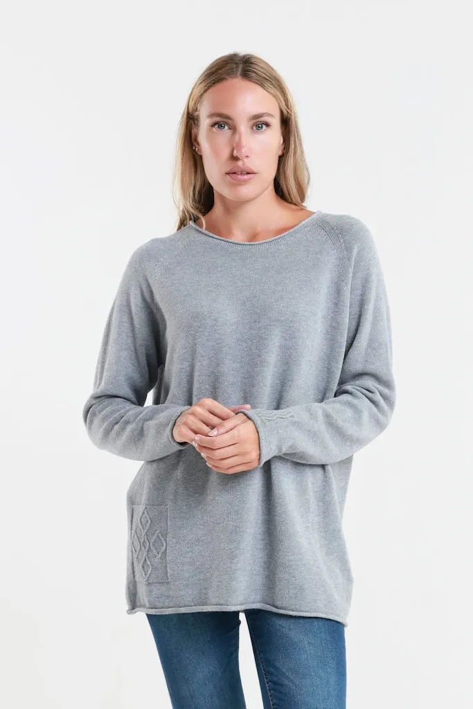 Natalie LS Crew Neck Knit Patch Detail Sweater (BLS427)