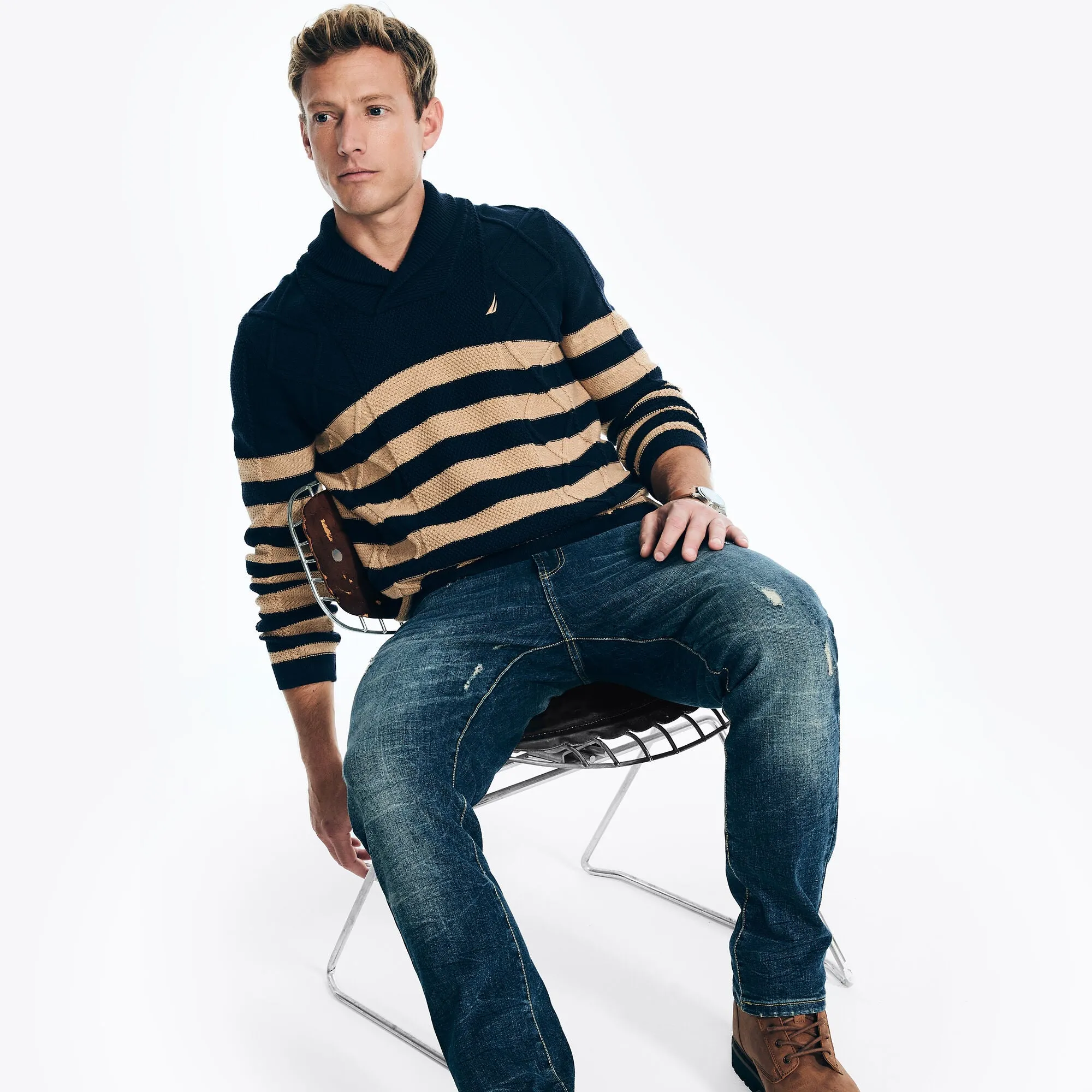 Nautica Men's Striped Cable-Knit Sweater