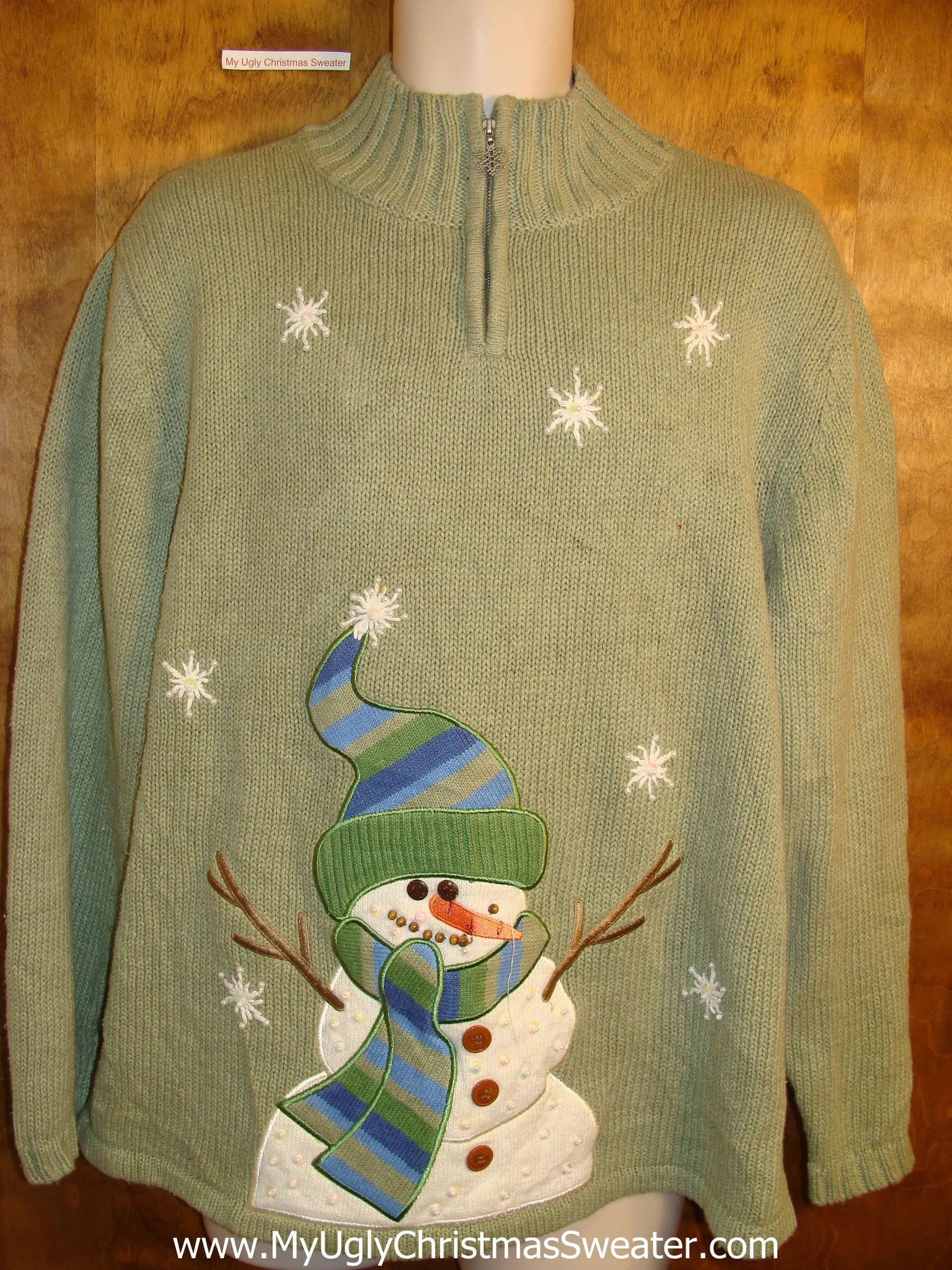 Novelty Green Funny Christmas Sweater with Stick Arm Snowman