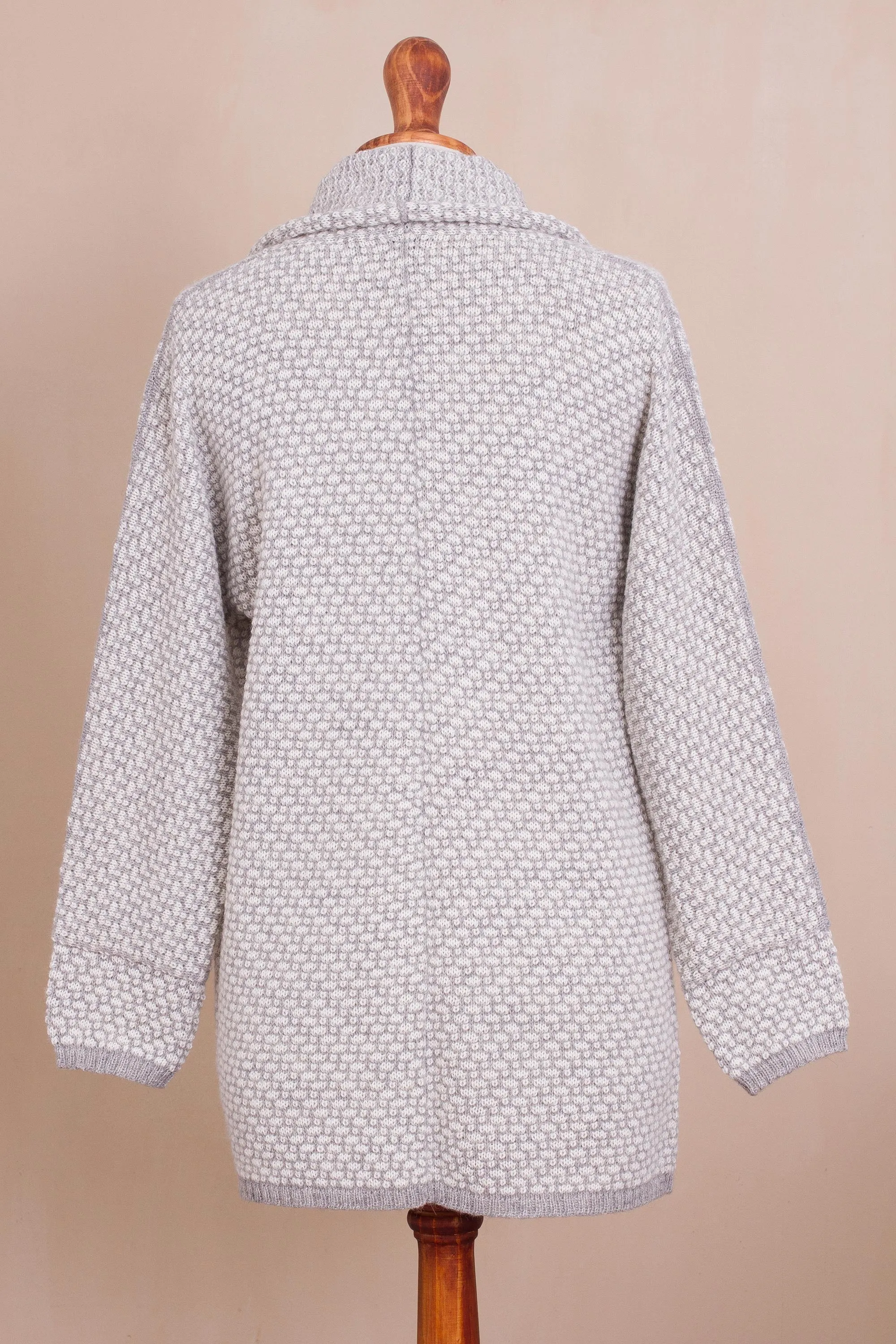 Off-White and Grey Alpaca Blend Relaxed Fit Cardigan Sweater - Dove Down | NOVICA