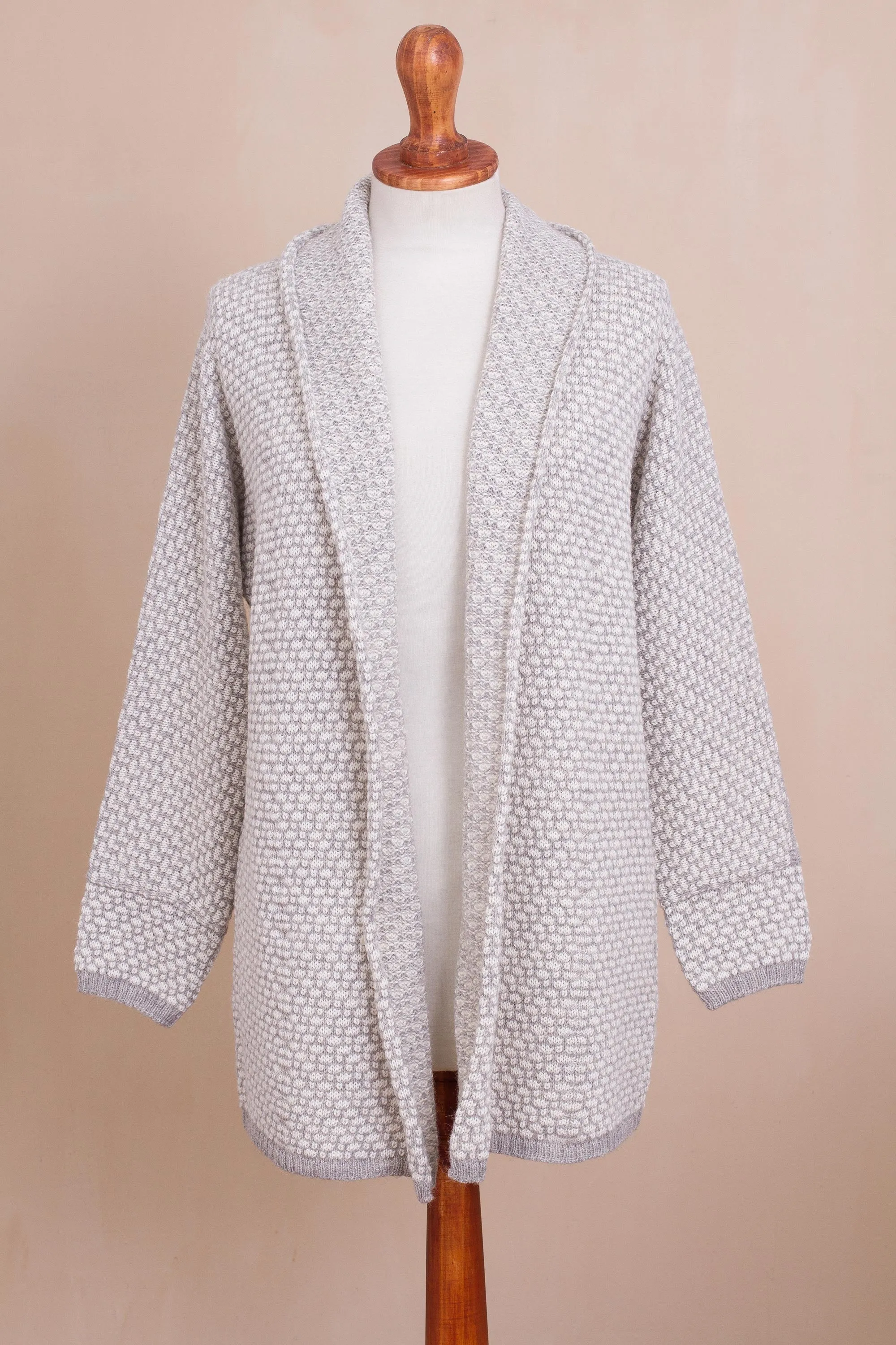 Off-White and Grey Alpaca Blend Relaxed Fit Cardigan Sweater - Dove Down | NOVICA