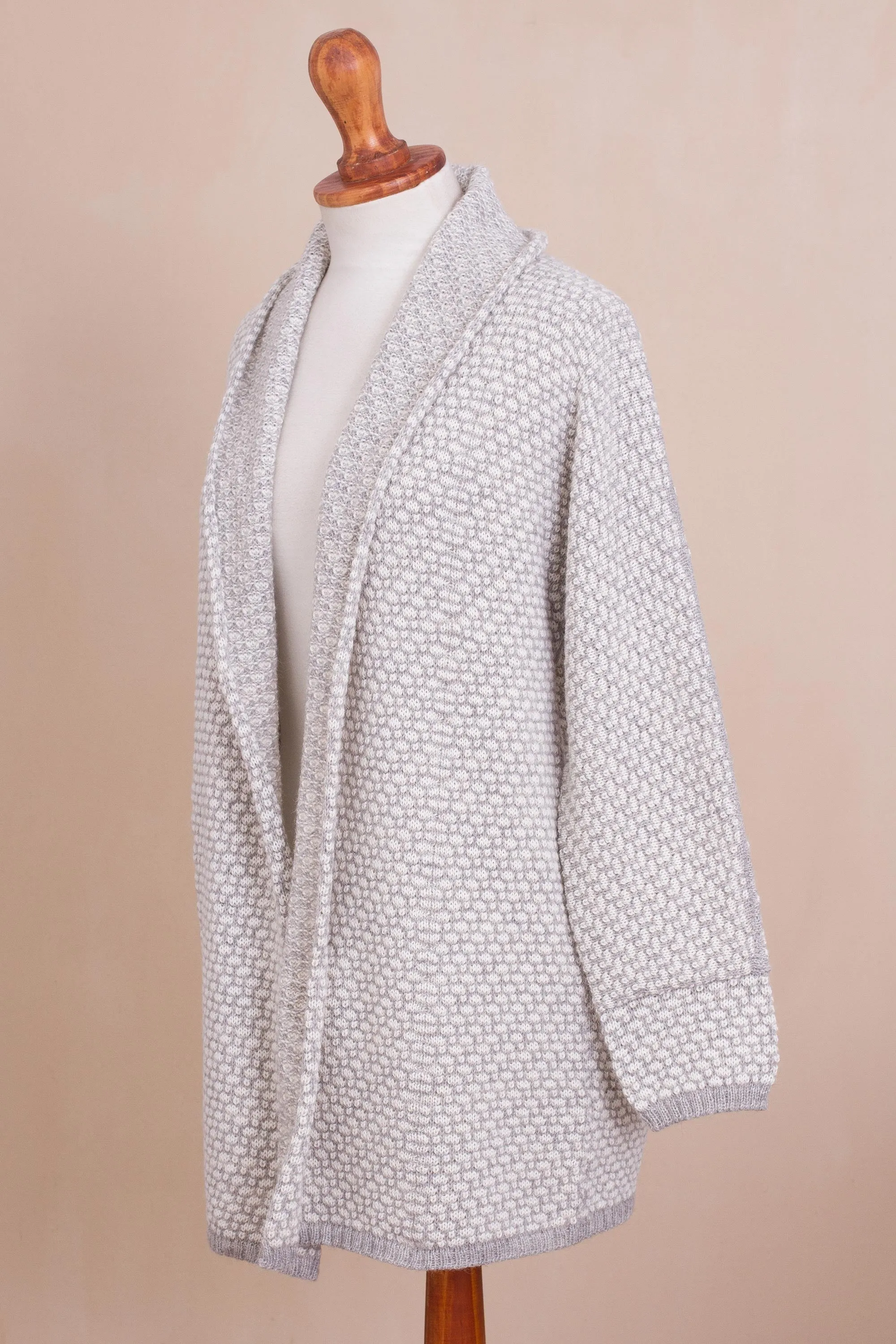 Off-White and Grey Alpaca Blend Relaxed Fit Cardigan Sweater - Dove Down | NOVICA