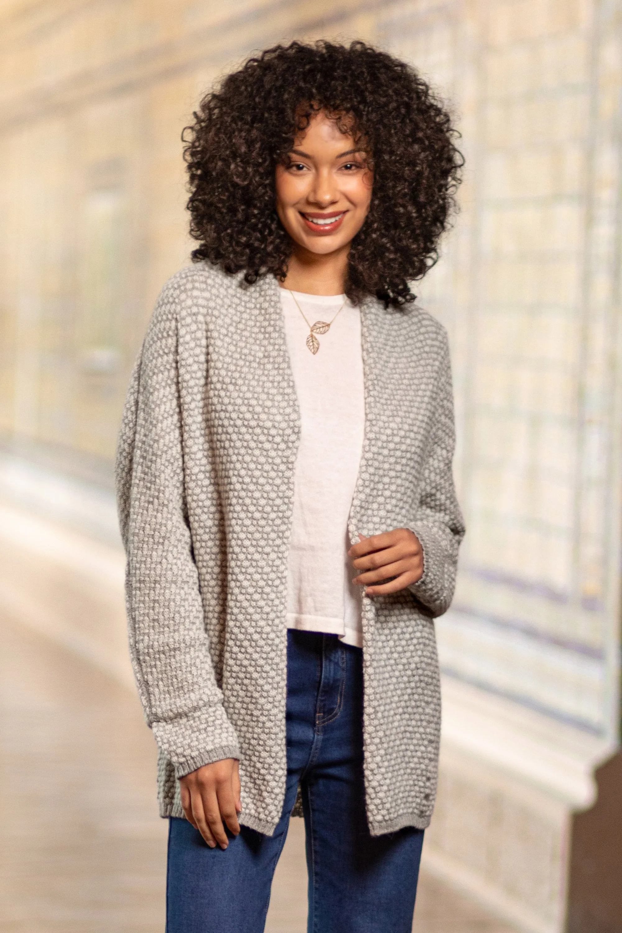 Off-White and Grey Alpaca Blend Relaxed Fit Cardigan Sweater - Dove Down | NOVICA