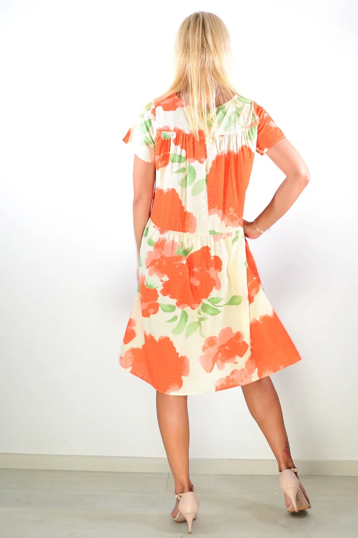 Orange Cream Pleats Tunic Dress