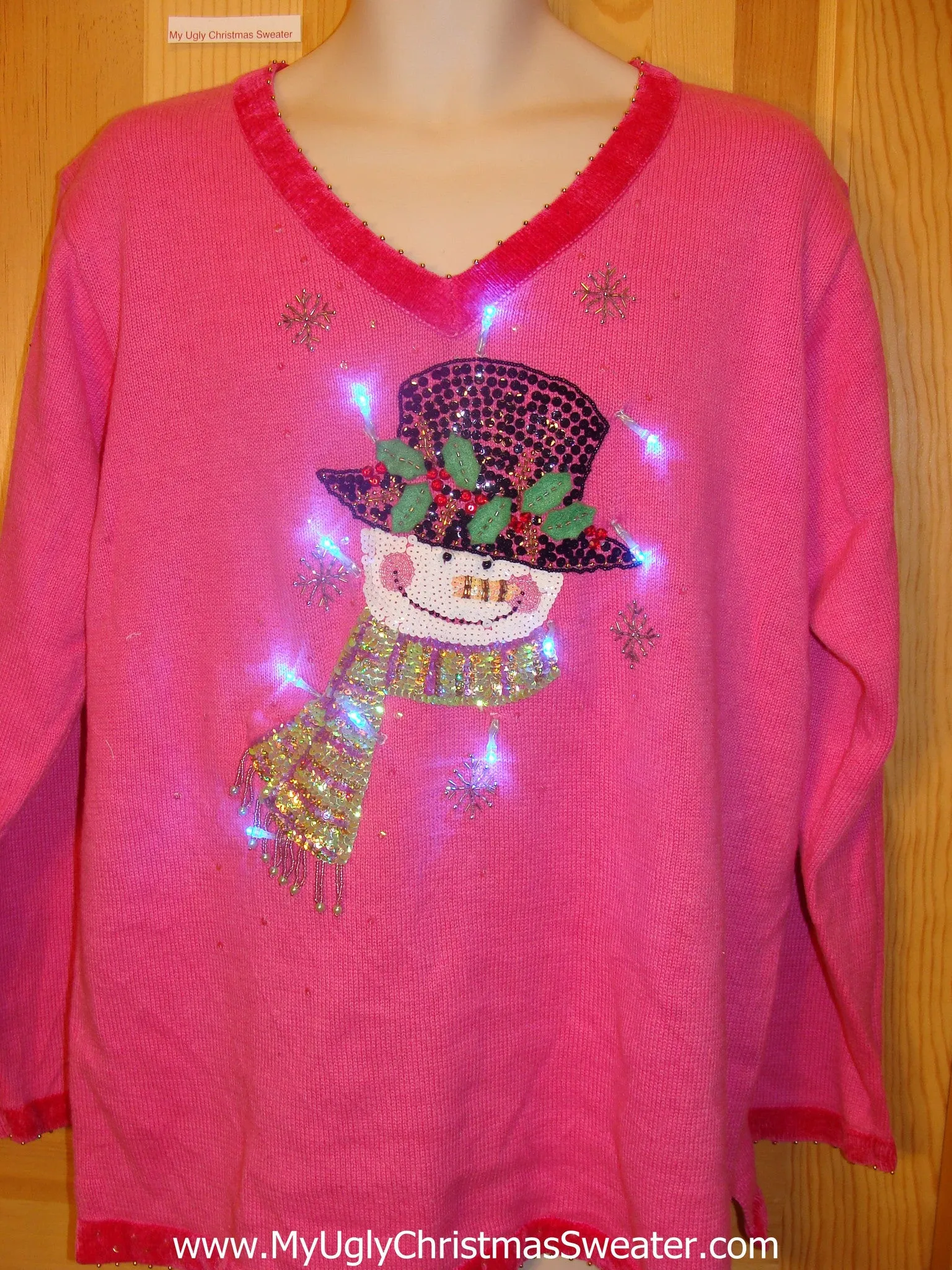 Pink Bling Snowman Light Up Christmas Sweater