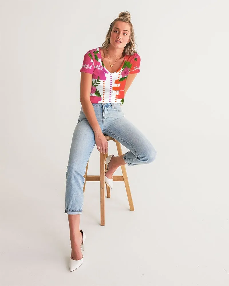 Pink Hibiscus V-Neck Women's Tee