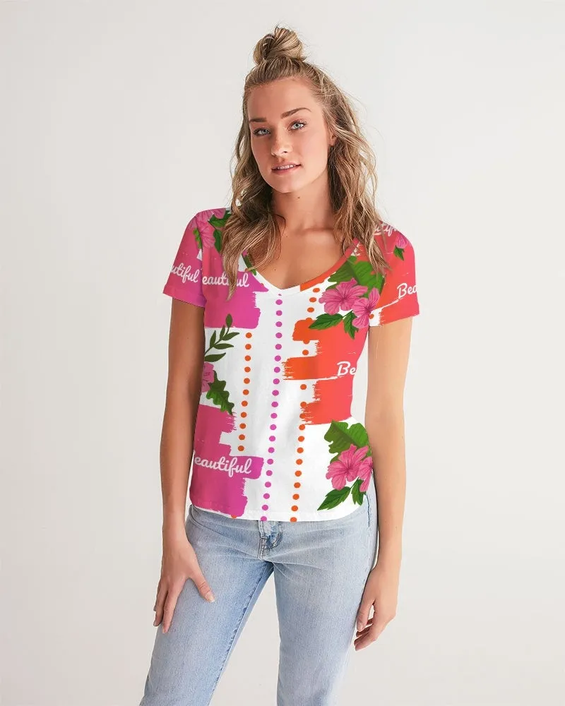 Pink Hibiscus V-Neck Women's Tee