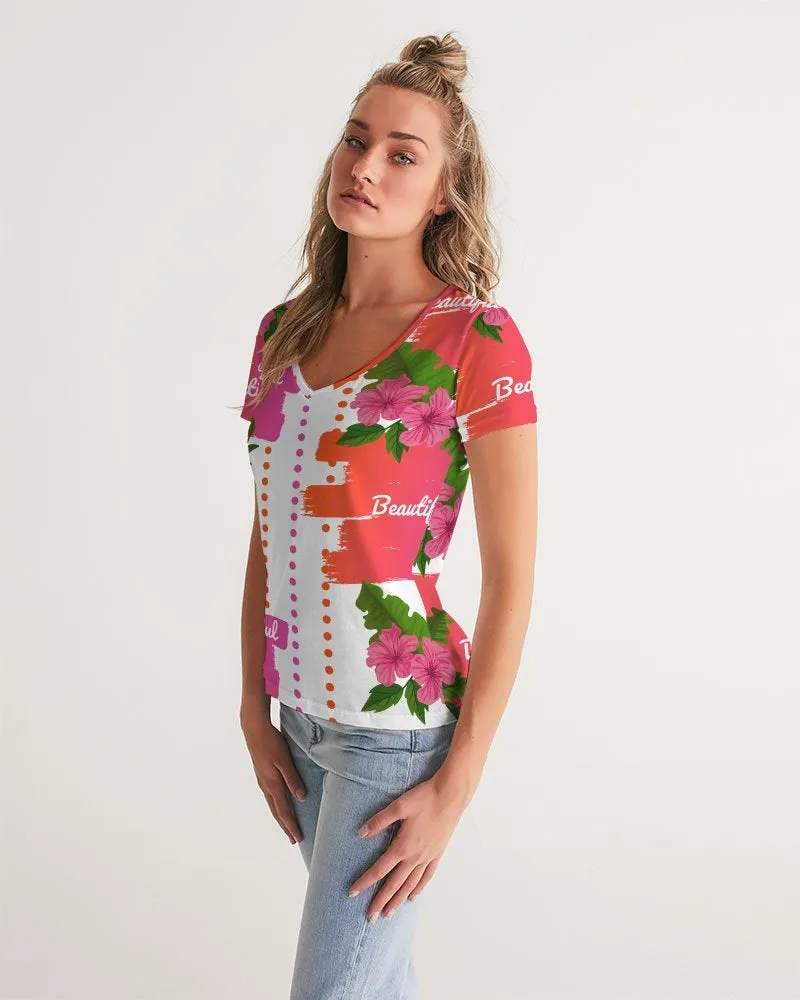 Pink Hibiscus V-Neck Women's Tee