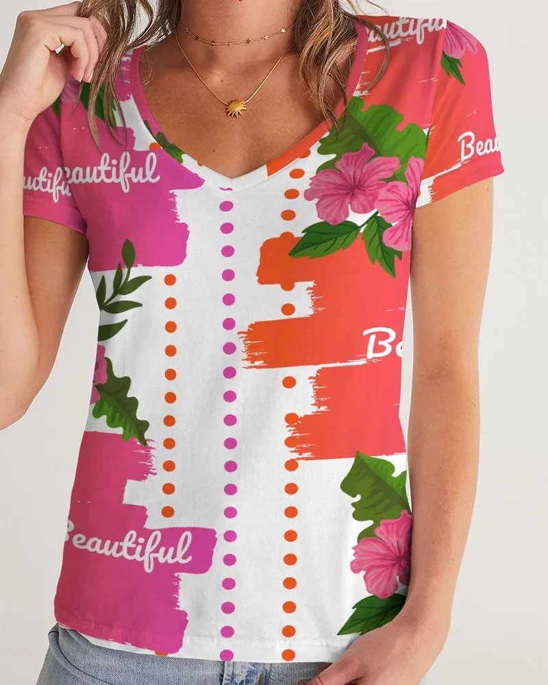 Pink Hibiscus V-Neck Women's Tee