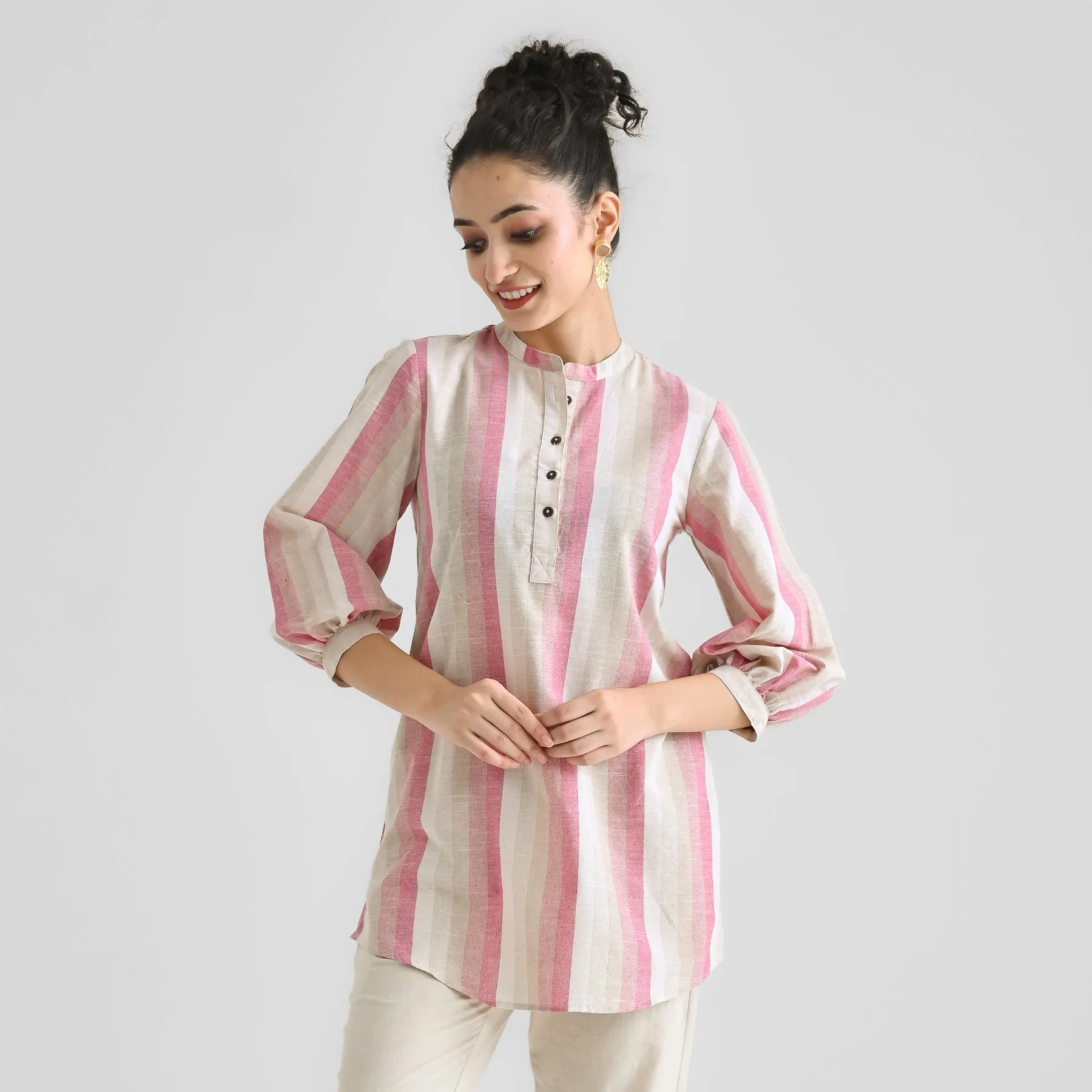 Pink Multicolour Woven Cotton Tunic with Puff Sleeve