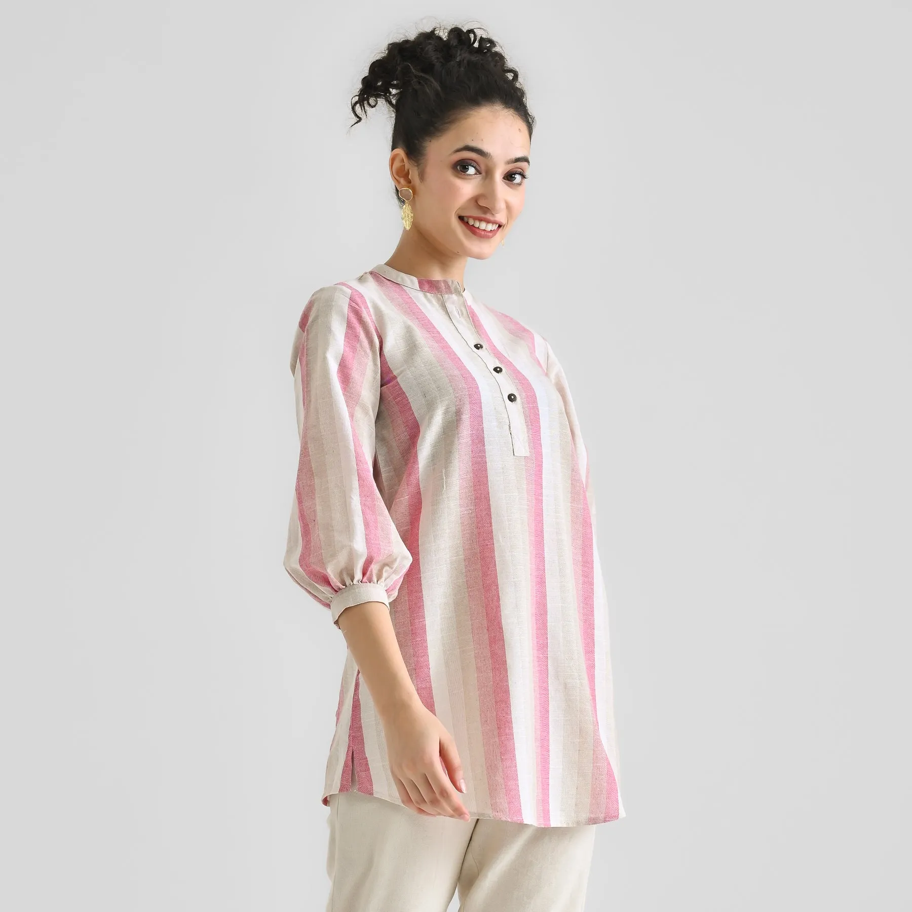 Pink Multicolour Woven Cotton Tunic with Puff Sleeve