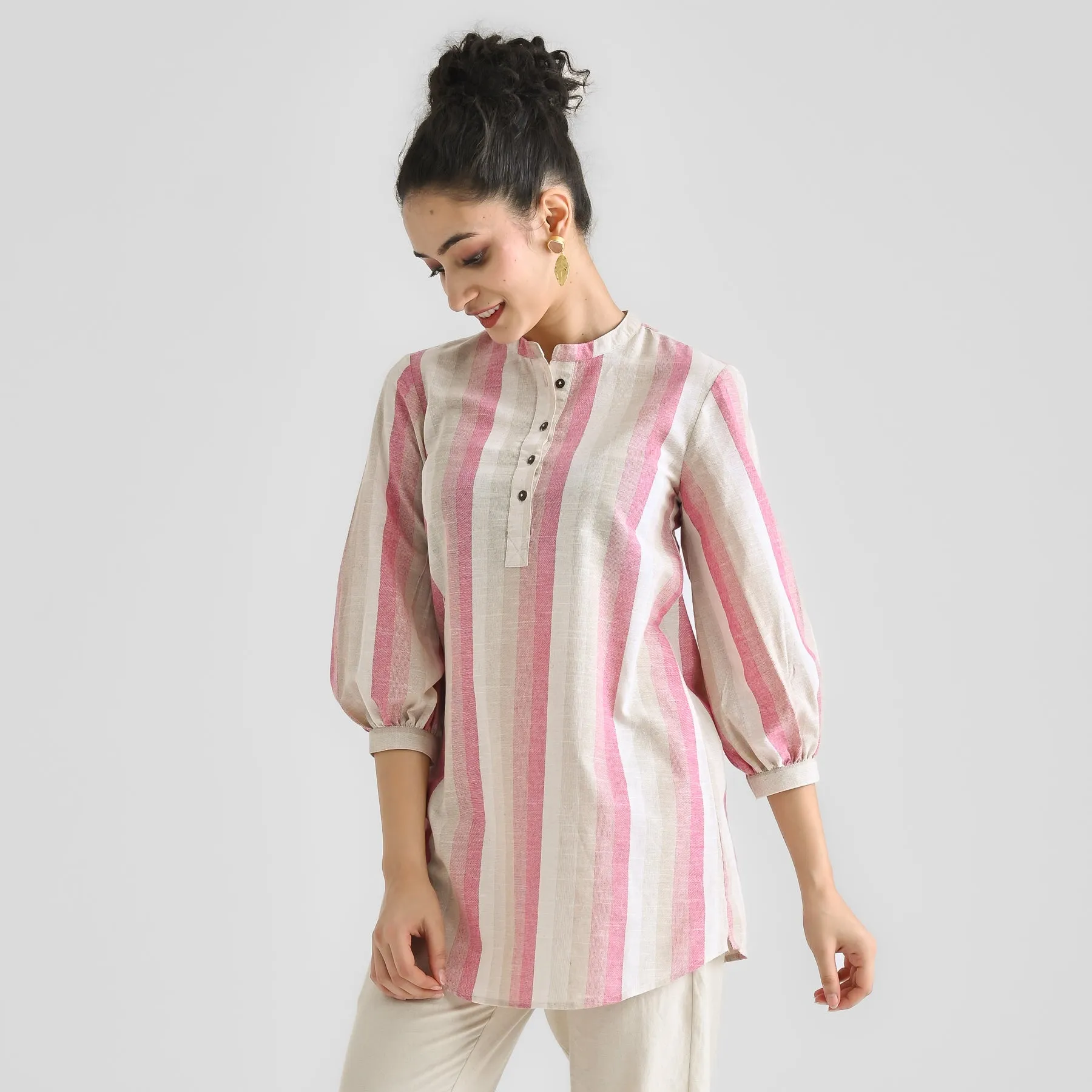 Pink Multicolour Woven Cotton Tunic with Puff Sleeve