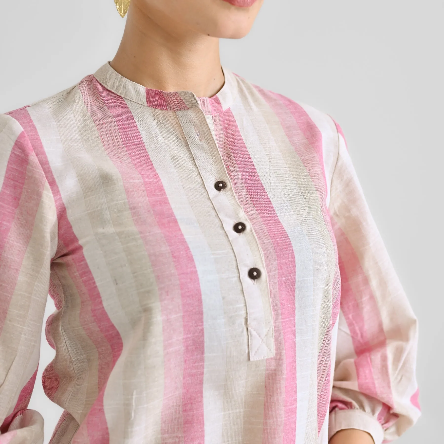 Pink Multicolour Woven Cotton Tunic with Puff Sleeve