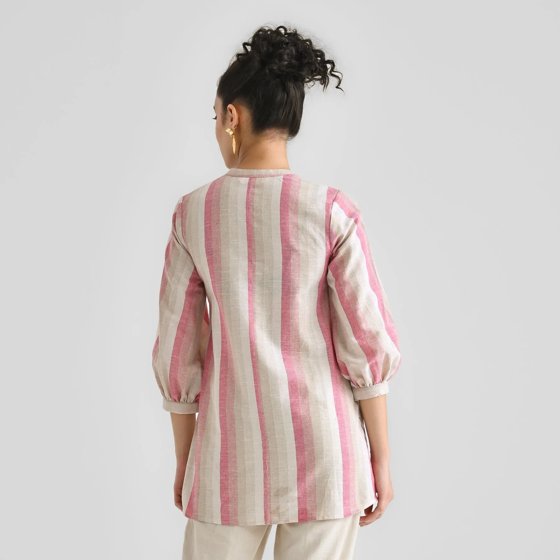 Pink Multicolour Woven Cotton Tunic with Puff Sleeve