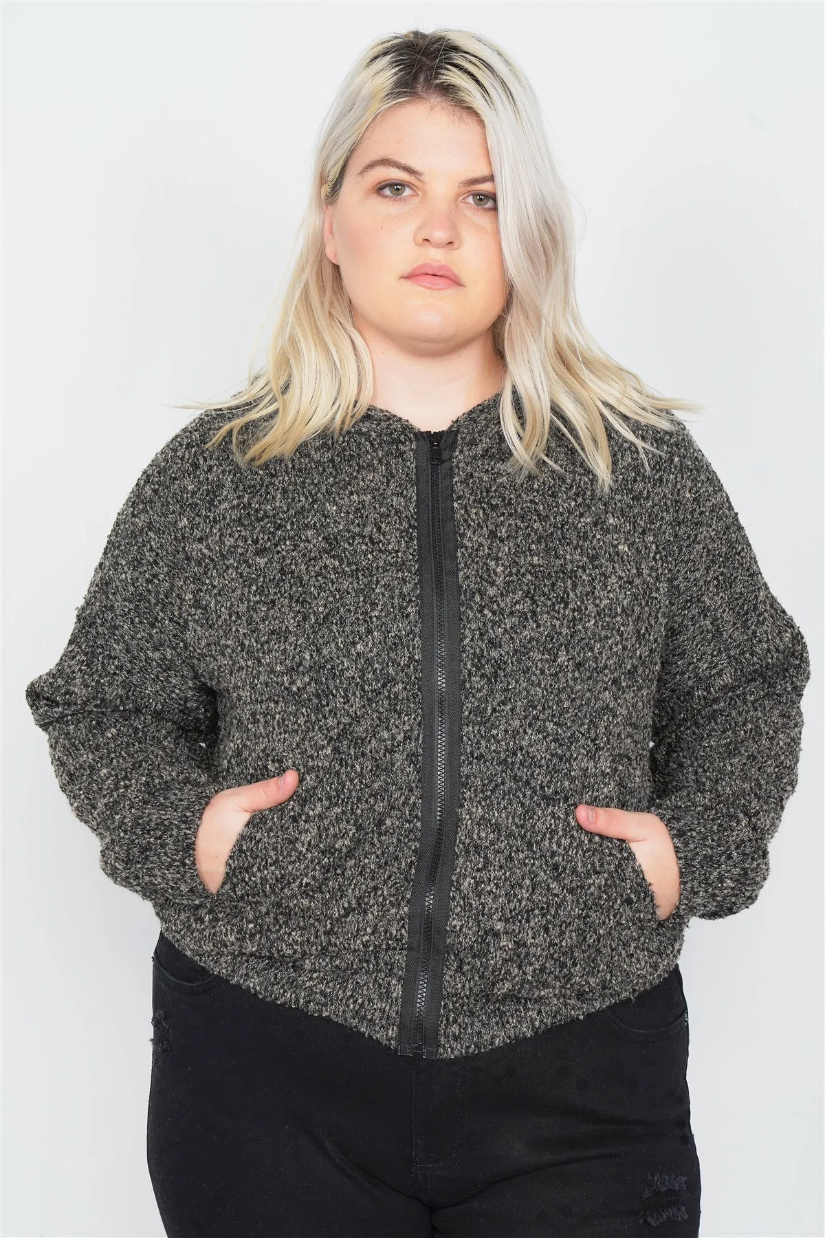 Plus Size Heather Charcoal Athletic Full Zip Hoodie Sweater