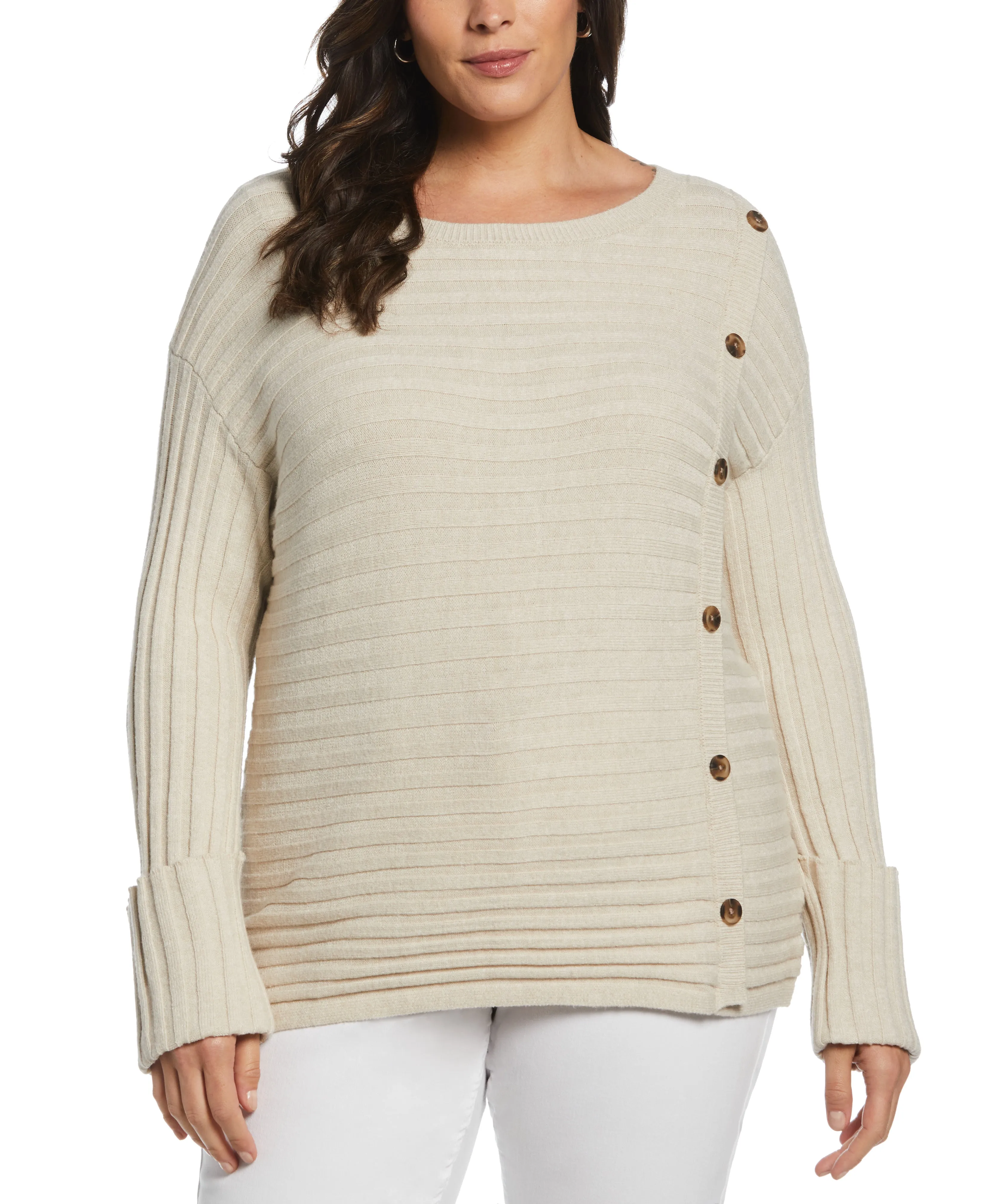 Plus Size Ribbed Sweater with Button Detail