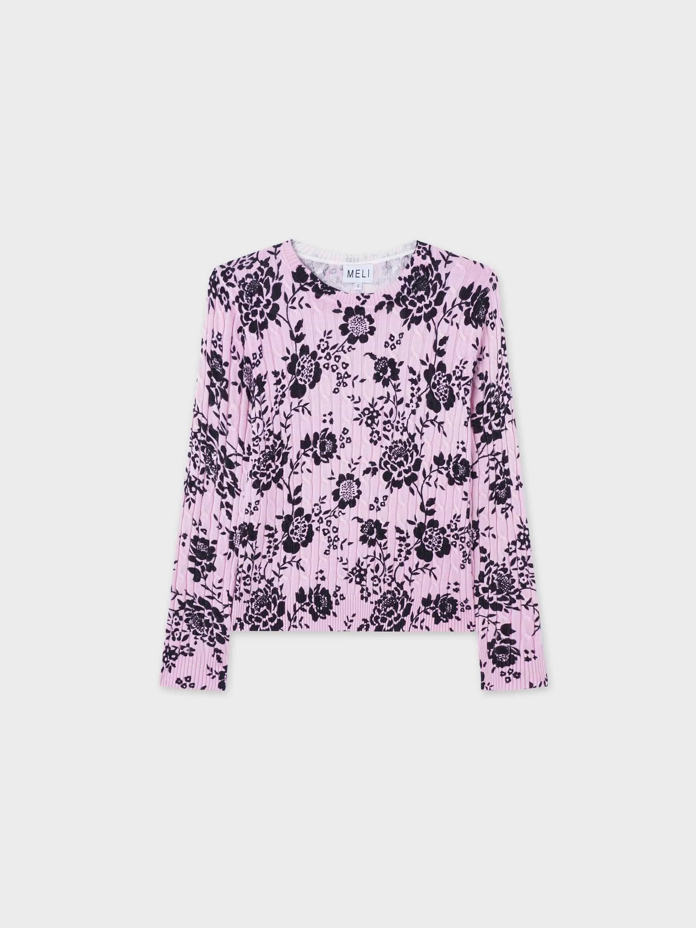 Printed Cable Knit Sweater-Pink/Black Floral