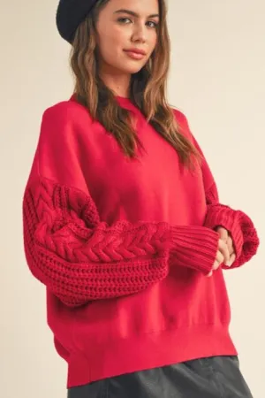 Red Holly Cable Sleeve Knit Sweater