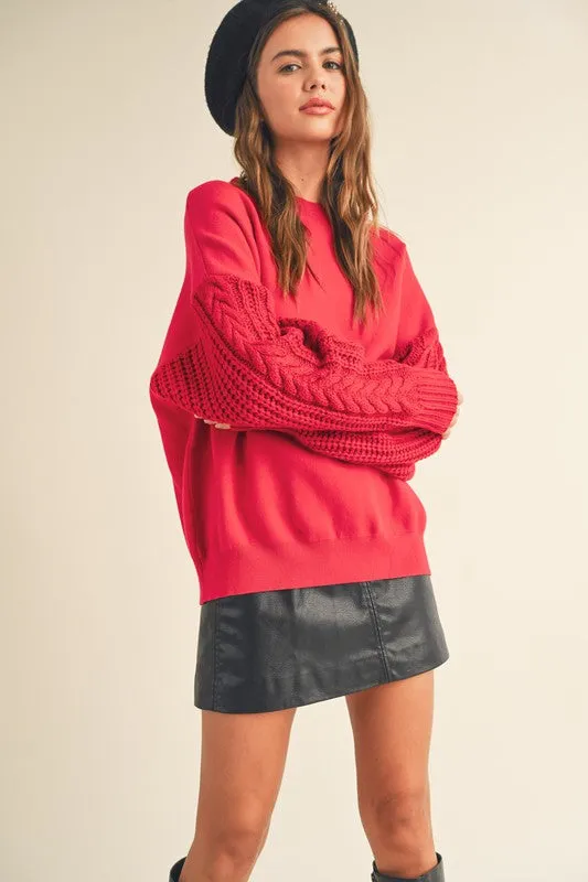 Red Holly Cable Sleeve Knit Sweater