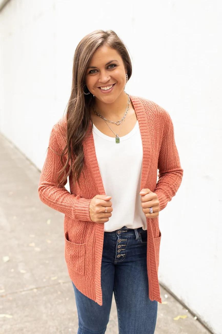 Rust Linked Knit Pocket Cardigan