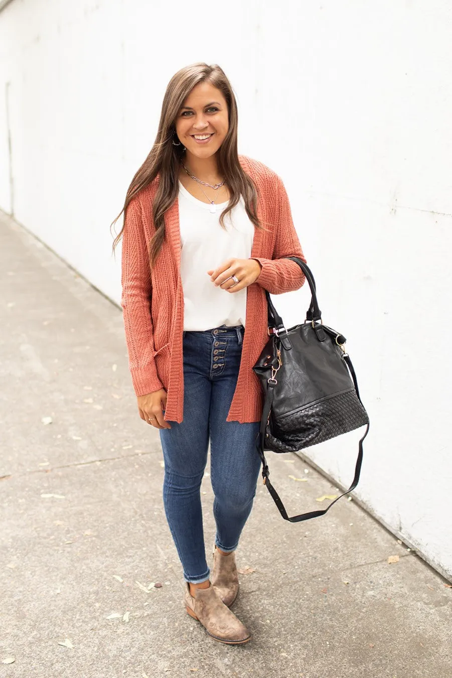 Rust Linked Knit Pocket Cardigan