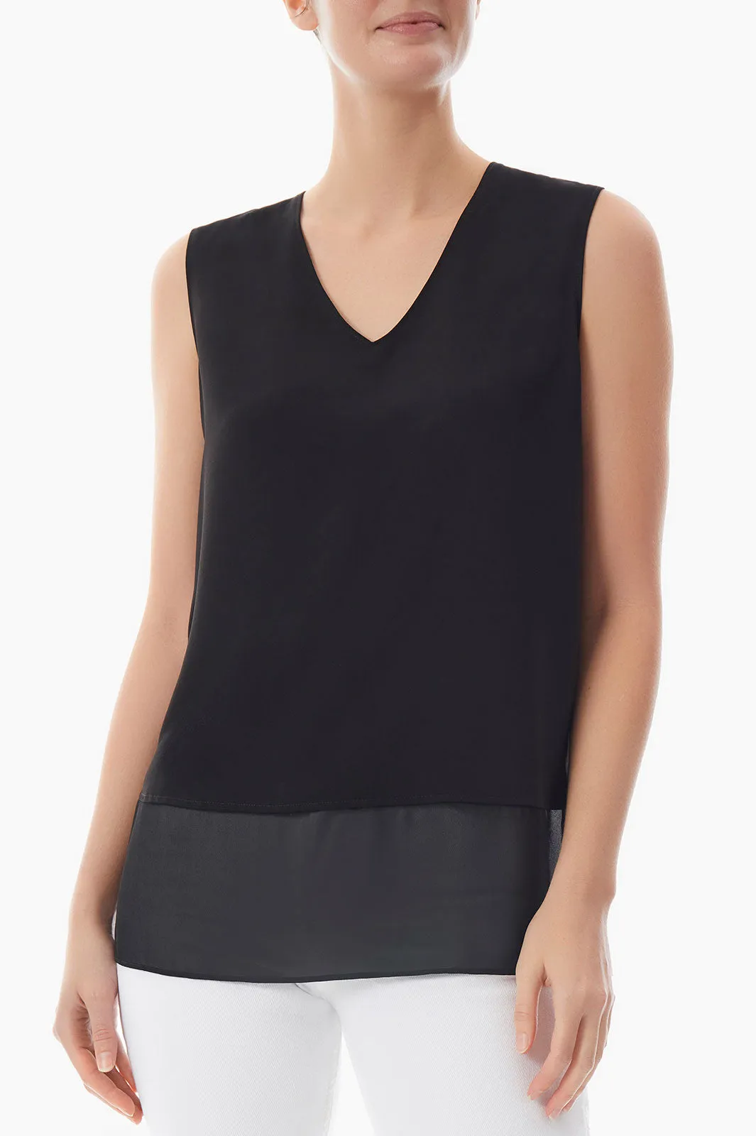 Sheer Hem Crepe de Chine Tank, Black