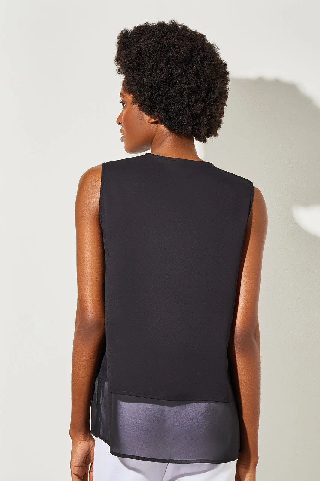 Sheer Hem Crepe de Chine Tank, Black