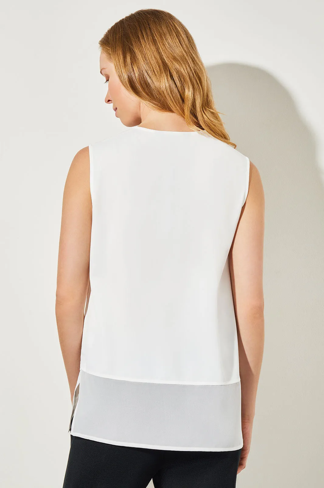 Sheer Hem Crepe de Chine Tank, White