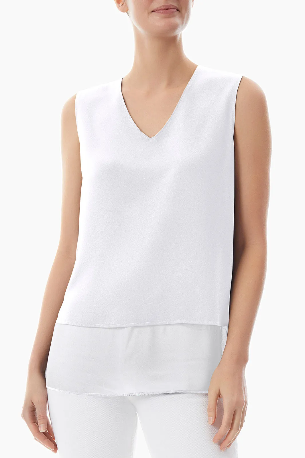 Sheer Hem Crepe de Chine Tank, White