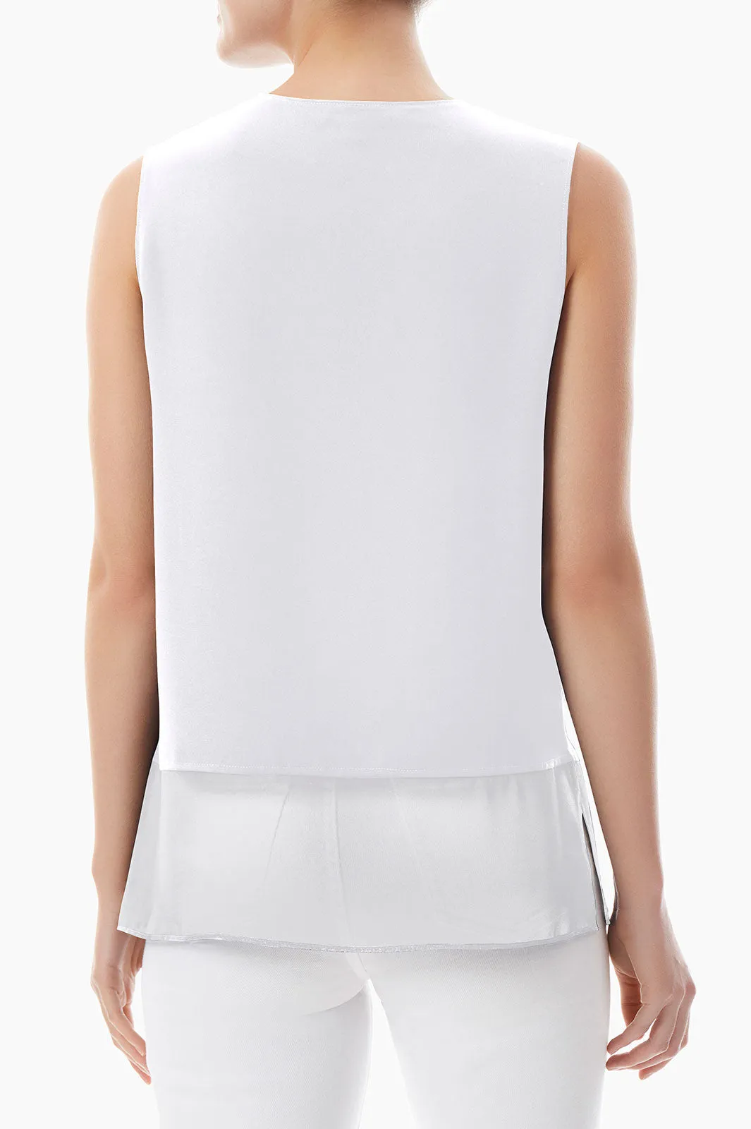 Sheer Hem Crepe de Chine Tank, White