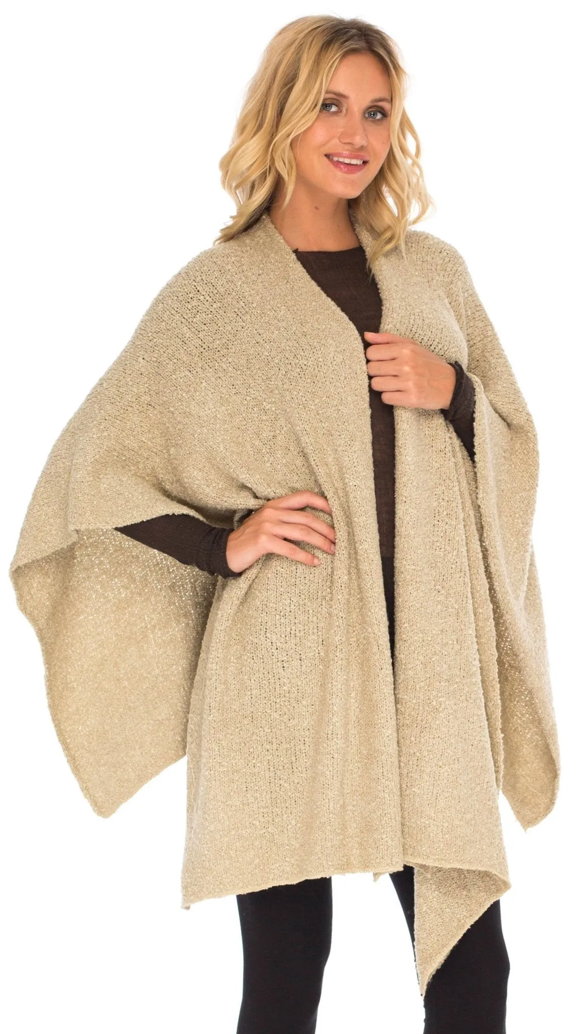 SHU-SHI Women's Cozy Knit Poncho Shawl Wrap - Lightweight Open Front Cape Kimono