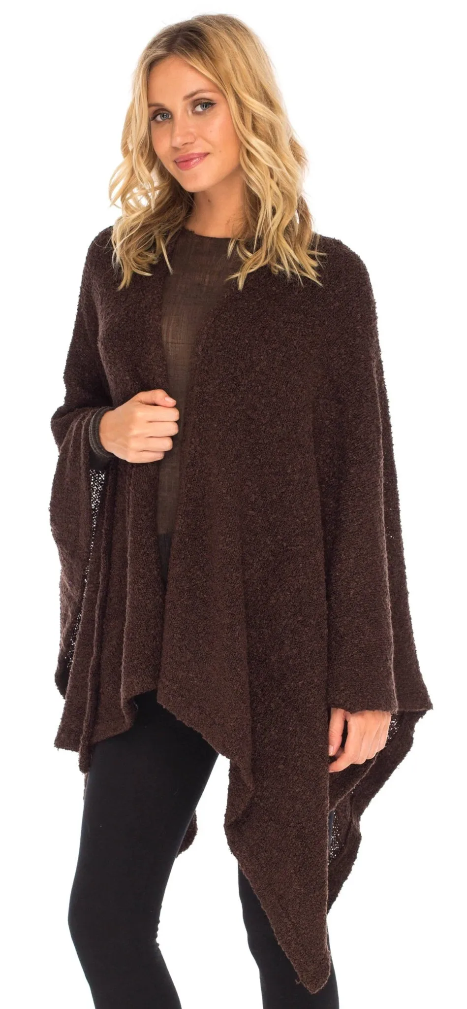 SHU-SHI Women's Cozy Knit Poncho Shawl Wrap - Lightweight Open Front Cape Kimono