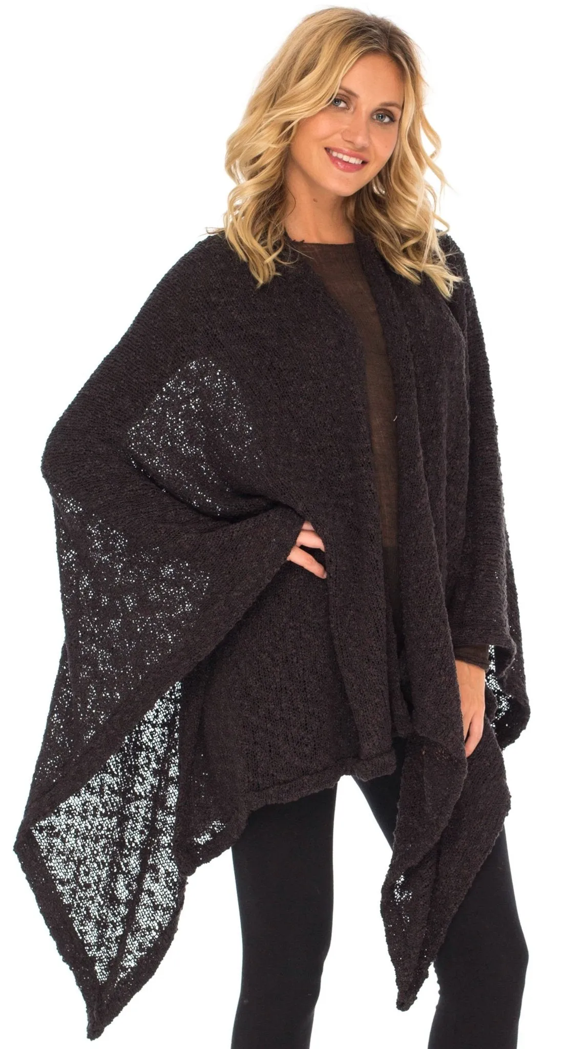 SHU-SHI Women's Cozy Knit Poncho Shawl Wrap - Lightweight Open Front Cape Kimono