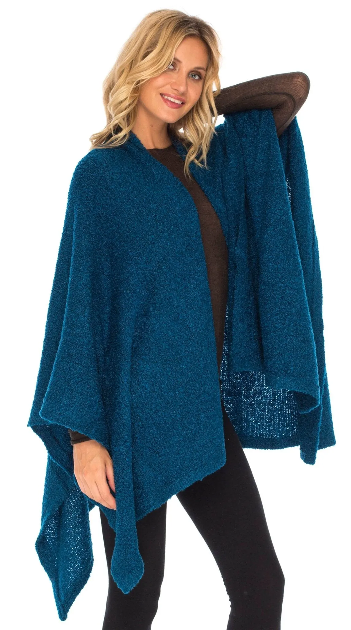 SHU-SHI Women's Cozy Knit Poncho Shawl Wrap - Lightweight Open Front Cape Kimono