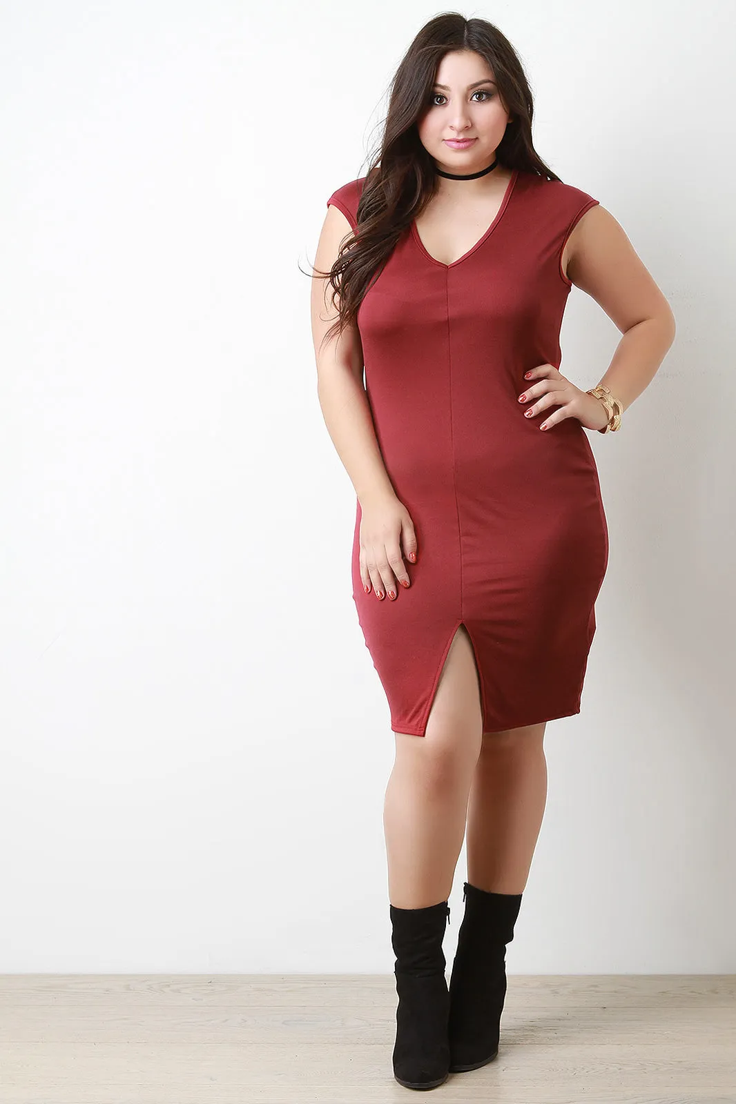 Simple V Neck Rib Knit Dress