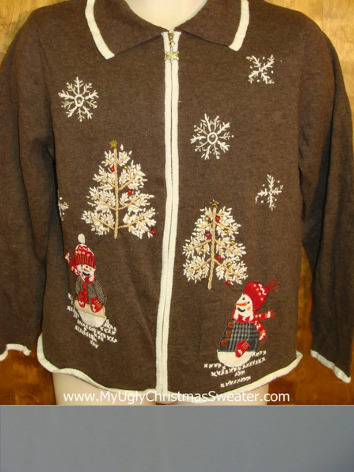 Skiing Snowmen Brown Ugly Christmas Sweater