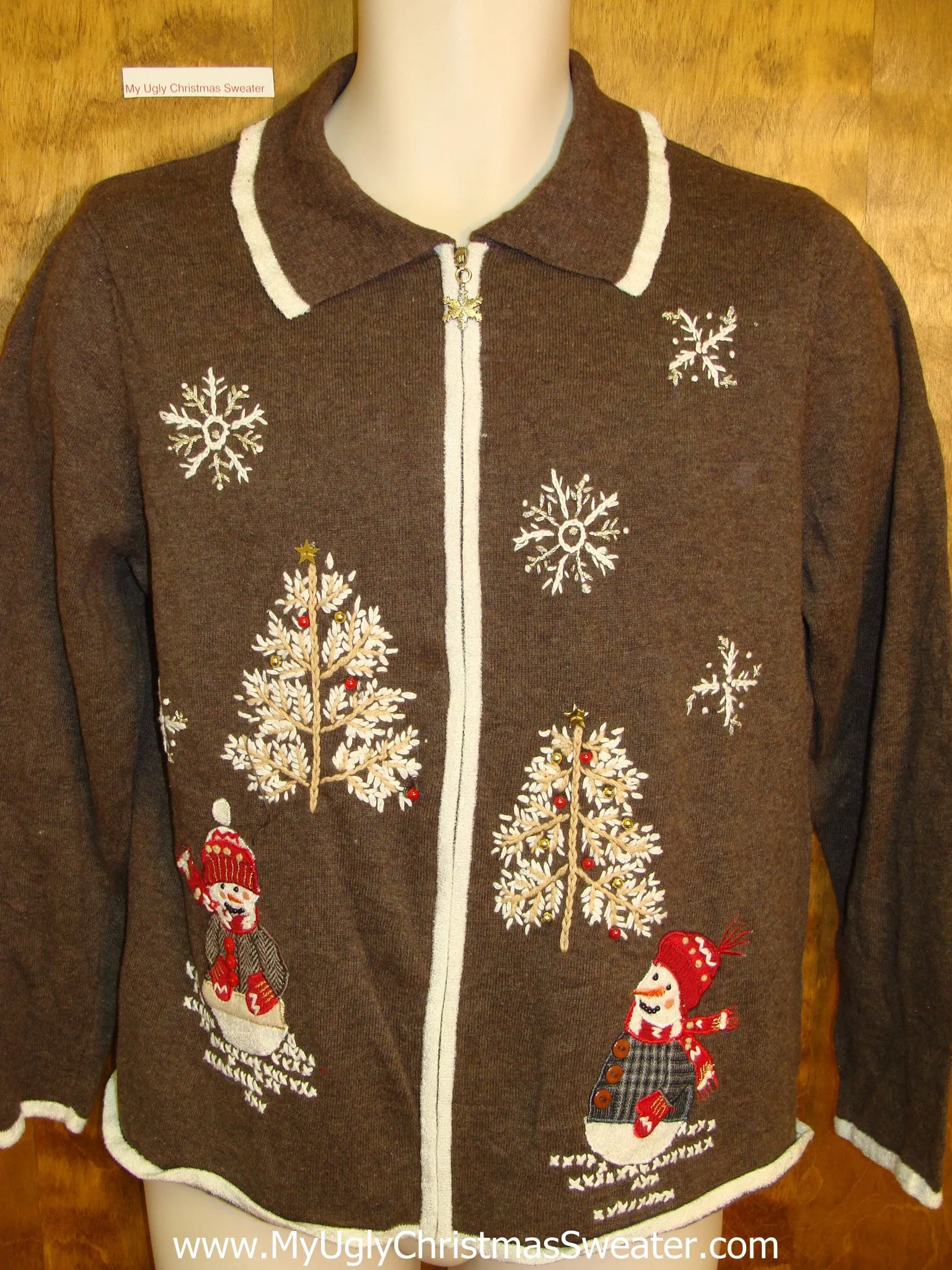 Skiing Snowmen Brown Ugly Christmas Sweater