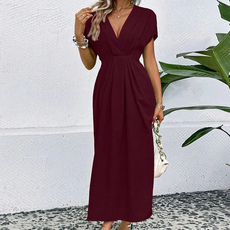 Sleeved High Waist Simple Solid Casual V-neck Pleated Summer Short Dress