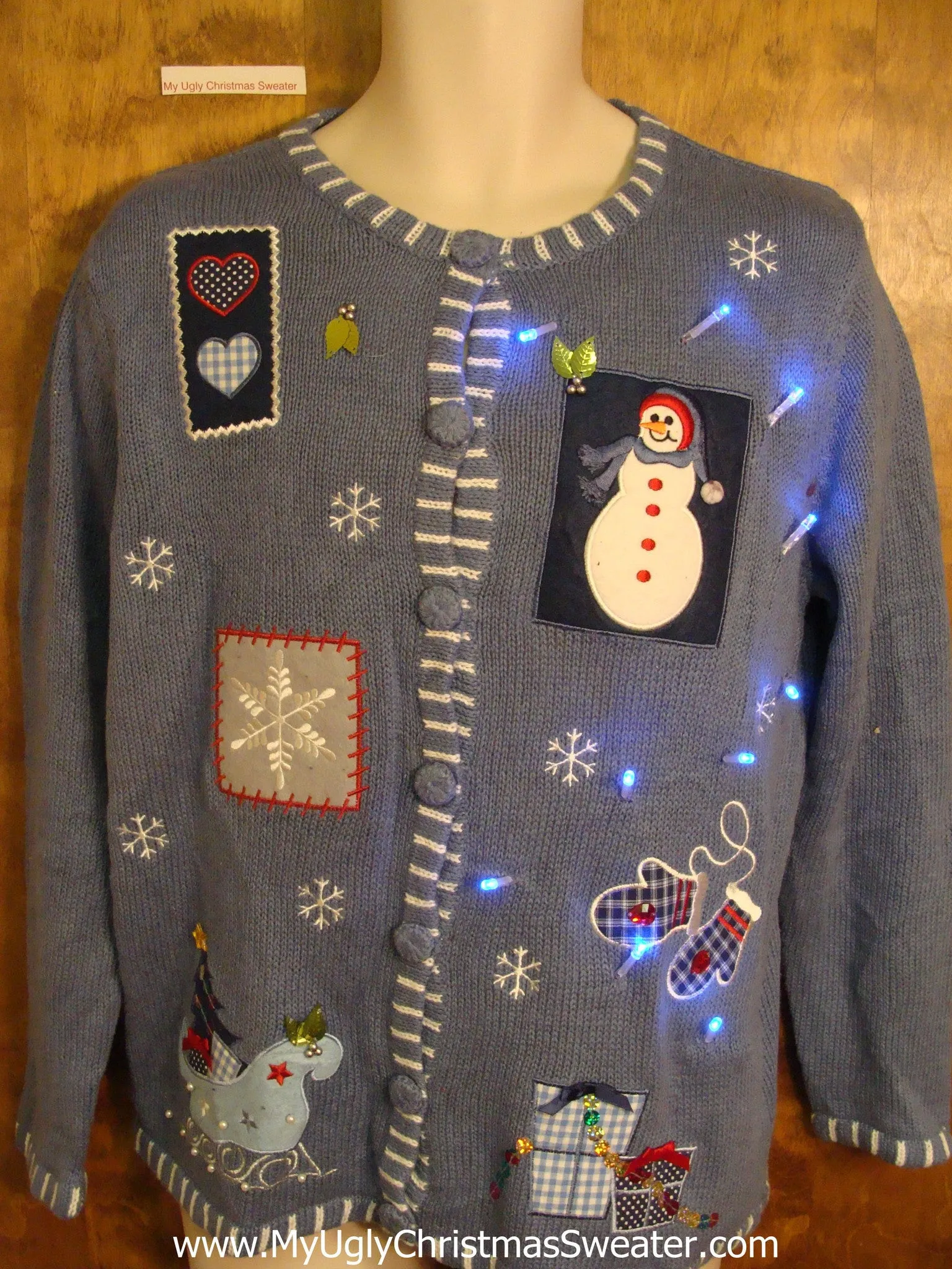 Snowman and Snowflakes Blue Light Up Ugly Xmas Sweater