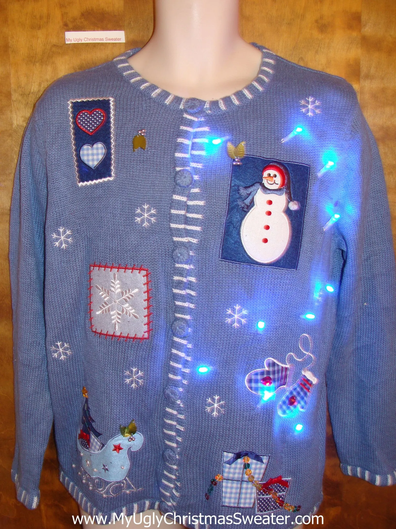 Snowman and Snowflakes Blue Light Up Ugly Xmas Sweater