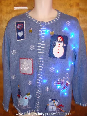 Snowman and Snowflakes Blue Light Up Ugly Xmas Sweater