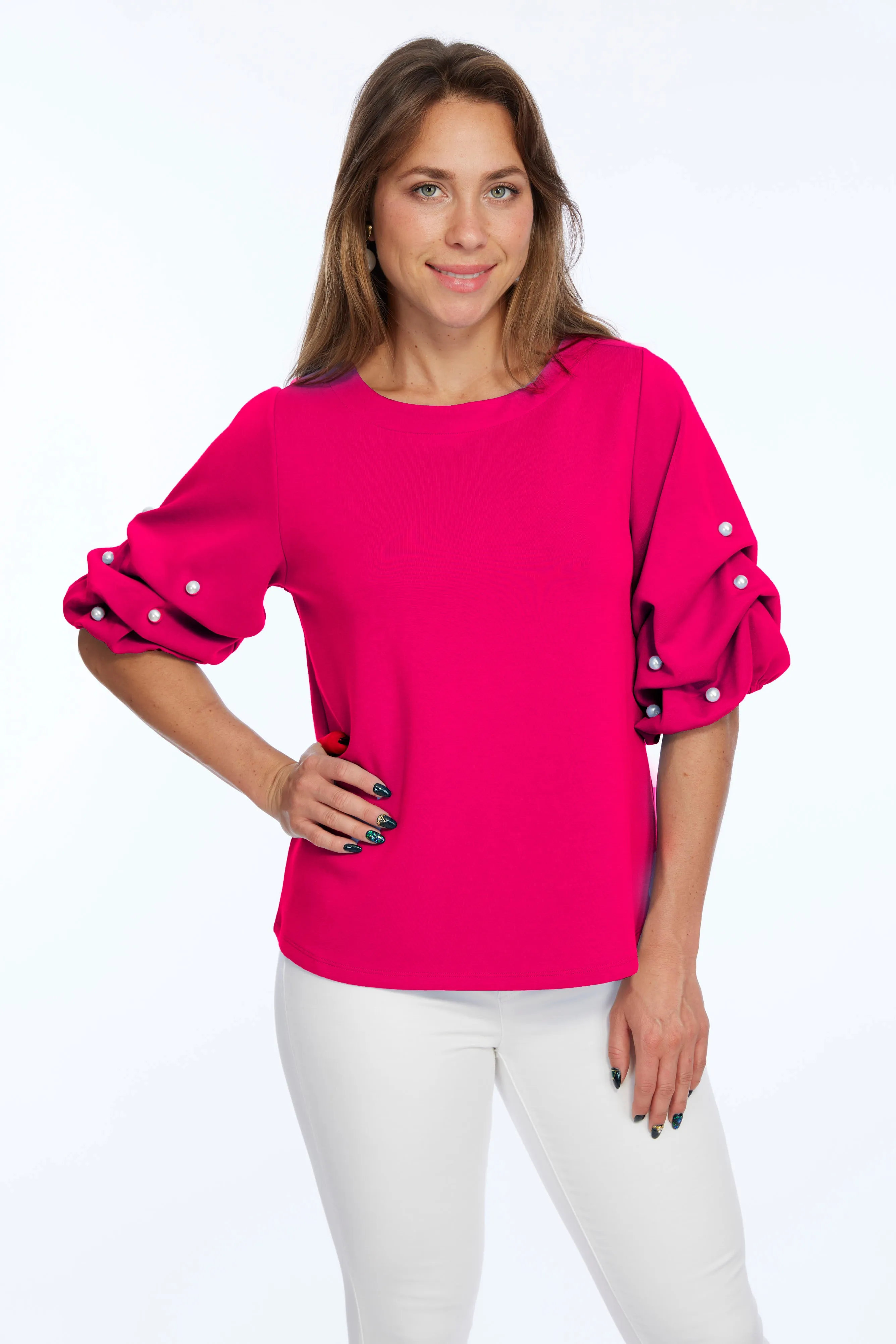 Soft Buttery Knit Top With Pearls Puff Sleeves Detailing LIOR | ZILA